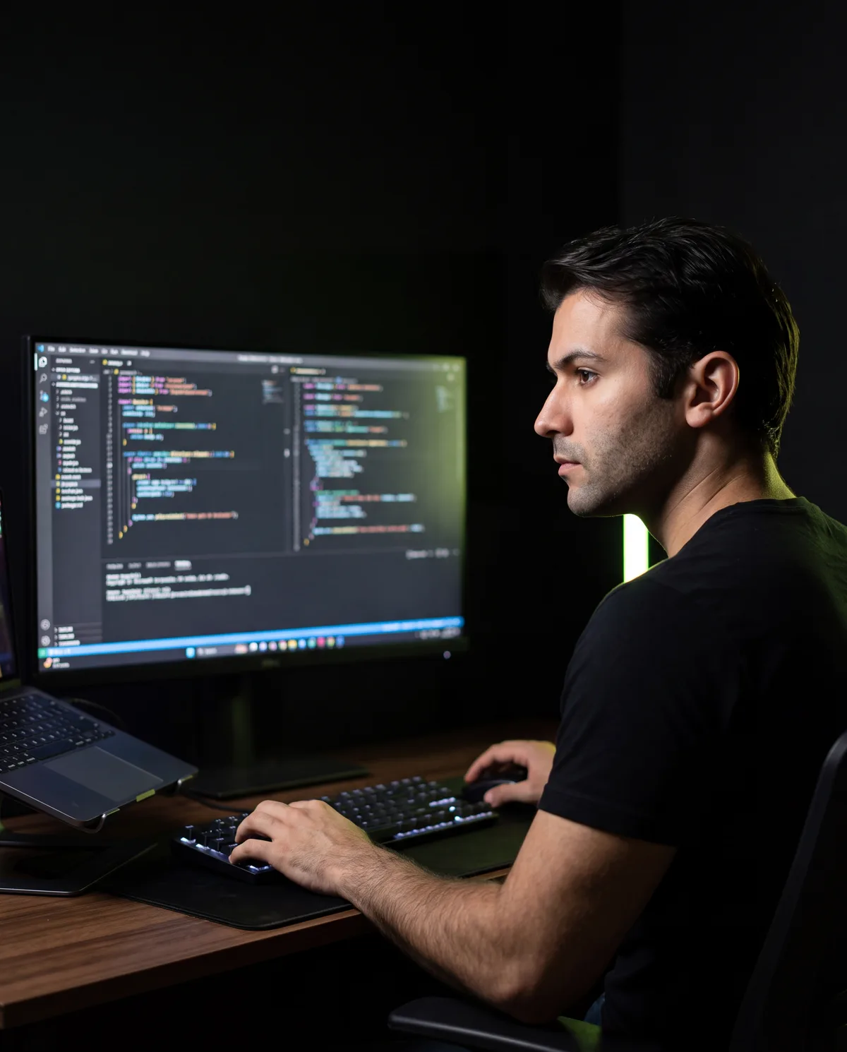 Víctor programando en su estación de trabajo